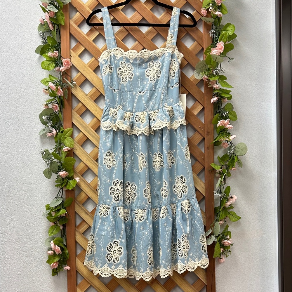 Blue and Cream Lace Midi Dress